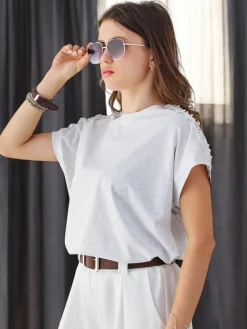 Hot Bawełniany damski t-shirt z koronkowymi rękawami Bluzki / Koszule / Koszulki