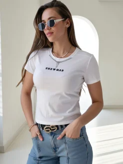 Discount Bawełniany damski crop top z napisem Bluzki / Koszule / Koszulki