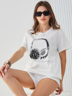 Bawełniany damski t-shirt z printem Bluzki / Koszule / Koszulki