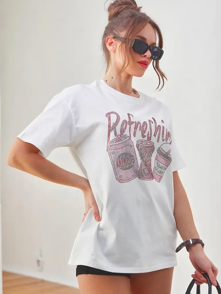 Hot Bawełniany damski t-shirt z nadrukiem z cyrkonii Bluzki / Koszule / Koszulki