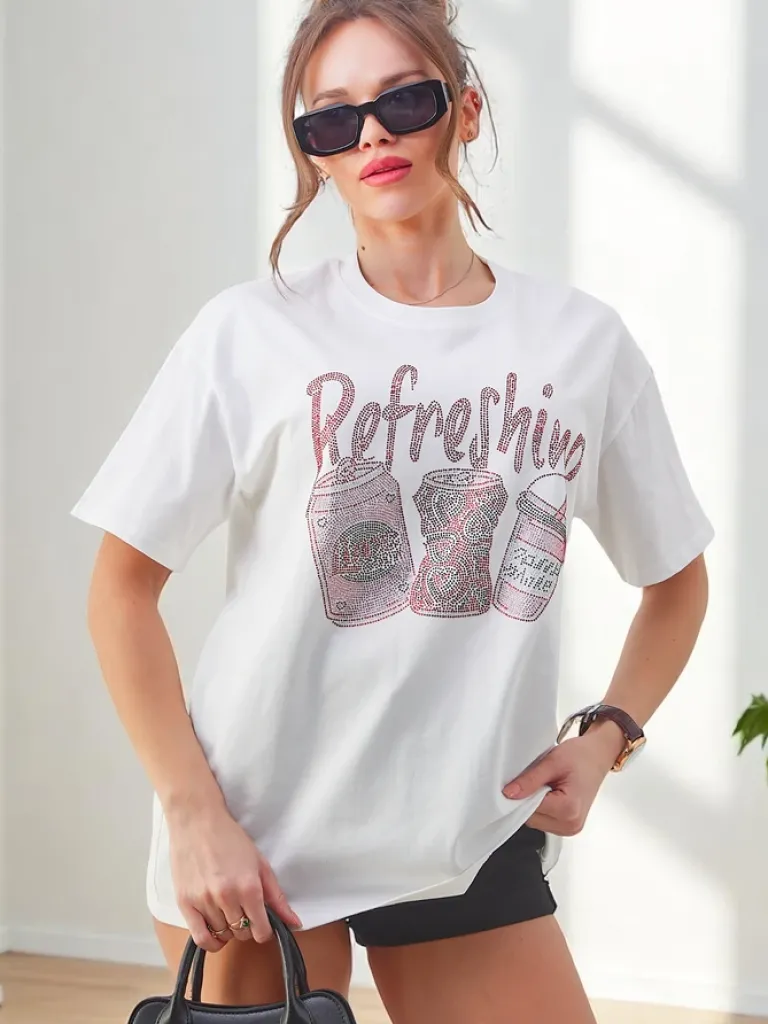 Hot Bawełniany damski t-shirt z nadrukiem z cyrkonii Bluzki / Koszule / Koszulki