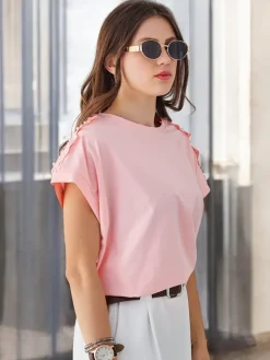 Hot Bawełniany damski t-shirt z koronkowymi rękawami Bluzki / Koszule / Koszulki