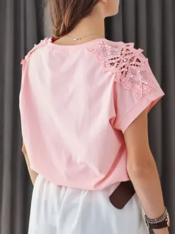 Hot Bawełniany damski t-shirt z koronkowymi rękawami Bluzki / Koszule / Koszulki