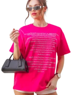 Sale Bawełniany damski t-shirt z napisami z cyrkonii Bluzki / Koszule / Koszulki