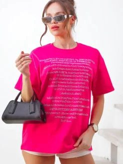 Sale Bawełniany damski t-shirt z napisami z cyrkonii Bluzki / Koszule / Koszulki