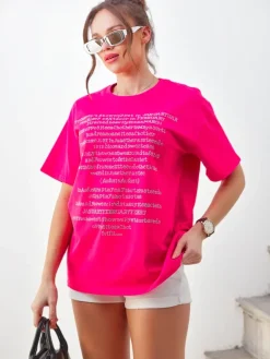 Sale Bawełniany damski t-shirt z napisami z cyrkonii Bluzki / Koszule / Koszulki