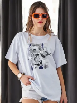 Discount Bawełniany damski t-shirt z printem Bluzki / Koszule / Koszulki