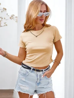 Clearance Bawełniany damski t-shirt z marszczeniami po bokach, łańcuszkiem i brokatem Bluzki / Koszule / Koszulki