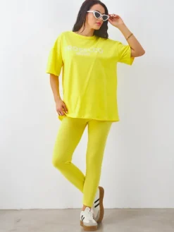 Sale Bawełniany damski komplet z krótkim rękawem i legginsami Damskie Komplety Damskie