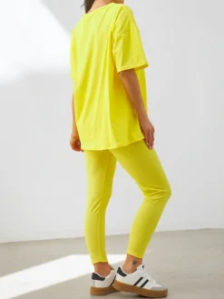 Sale Bawełniany damski komplet z krótkim rękawem i legginsami Damskie Komplety Damskie