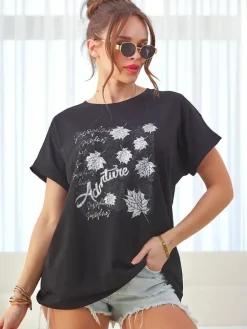 Clearance Bawełniany damski t-shirt z nadrukiem z listkami Bluzki / Koszule / Koszulki