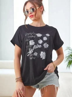 Clearance Bawełniany damski t-shirt z nadrukiem z listkami Bluzki / Koszule / Koszulki