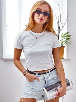 Best Bawełniany damski t-shirt z marszczeniami po bokach, łańcuszkiem i brokatem Bluzki / Koszule / Koszulki