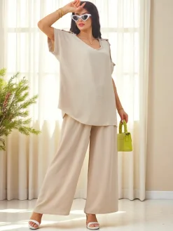 Bawełniany damski komplet z krótkim rękawem i poszerzanymi spodniami Damskie Komplety Damskie