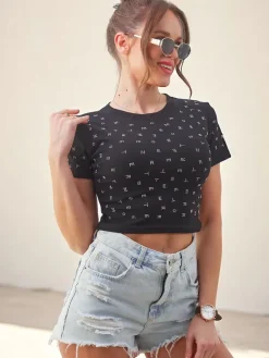 New Bawełniany damski crop top z cyrkoniami i literkami Bluzki / Koszule / Koszulki