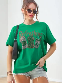 Clearance Bawełniany damski t-shirt z nadrukiem z cyrkonii Bluzki / Koszule / Koszulki