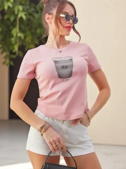 Discount Bawełniany damski t-shirt z nadrukiem z cyrkonii Bluzki / Koszule / Koszulki