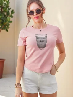 Discount Bawełniany damski t-shirt z nadrukiem z cyrkonii Bluzki / Koszule / Koszulki