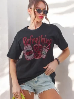 New Bawełniany damski t-shirt z nadrukiem z cyrkonii Bluzki / Koszule / Koszulki