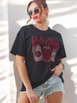 New Bawełniany damski t-shirt z nadrukiem z cyrkonii Bluzki / Koszule / Koszulki