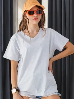 Bawełniany damski t-shirt casual z dekoltem V Bluzki / Koszule / Koszulki