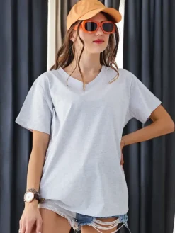 Bawełniany damski t-shirt casual z dekoltem V Bluzki / Koszule / Koszulki