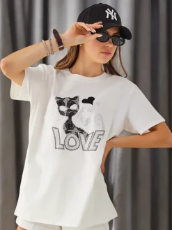 Hot Bawełniany damski t-shirt Cat Love Bluzki / Koszule / Koszulki