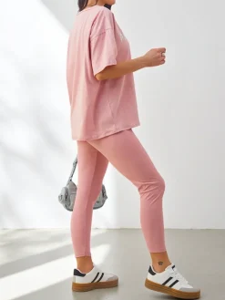 Best Bawełniany damski komplet z krótkim rękawem i legginsami Damskie Komplety Damskie