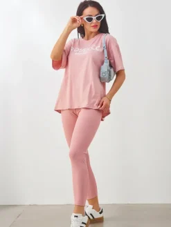 Best Bawełniany damski komplet z krótkim rękawem i legginsami Damskie Komplety Damskie