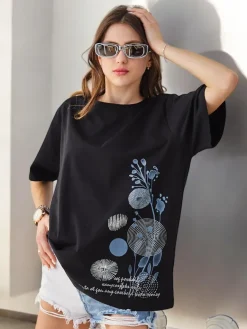 New Bawełniany damski t-shirt z printem Bluzki / Koszule / Koszulki