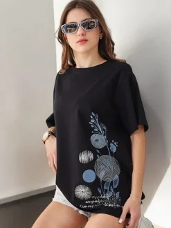 New Bawełniany damski t-shirt z printem Bluzki / Koszule / Koszulki