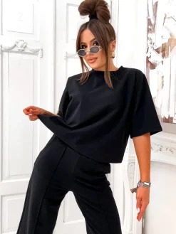 Outlet Bawełniany damski komplet z poszerzanymi spodniami Damskie Komplety Damskie