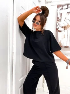 Outlet Bawełniany damski komplet z poszerzanymi spodniami Damskie Komplety Damskie