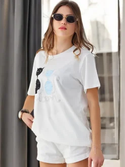 Discount Bawełniany damski t-shirt z kotkami Bluzki / Koszule / Koszulki