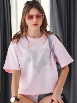 New Bawełniany damski t-shirt LOVE z cyrkoniami Bluzki / Koszule / Koszulki