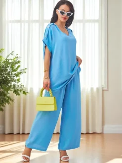 Best Bawełniany damski komplet z krótkim rękawem i poszerzanymi spodniami Damskie Komplety Damskie