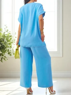 Best Bawełniany damski komplet z krótkim rękawem i poszerzanymi spodniami Damskie Komplety Damskie