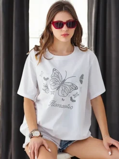 Discount Bawełniany damski t-shirt Romantic Butterfly Bluzki / Koszule / Koszulki