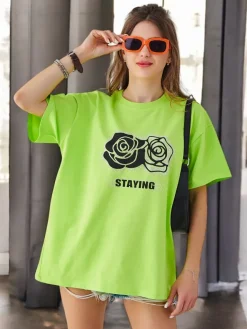 Clearance Bawełniany damski t-shirt Rose Flower Bluzki / Koszule / Koszulki