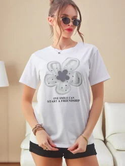 New Bawełniany damski t-shirt z kwiatuszkiem Bluzki / Koszule / Koszulki