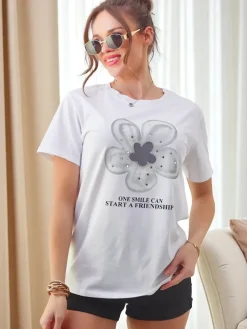 New Bawełniany damski t-shirt z kwiatuszkiem Bluzki / Koszule / Koszulki