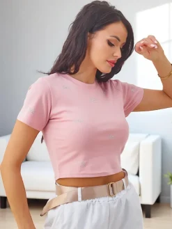 Best Bawełniany damski crop top z cyrkoniami w kształcie kokardek Bluzki / Koszule / Koszulki