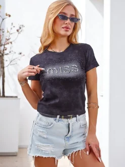 Hot Bawełniany damski t-shirt z cyrkoniami MISS Bluzki / Koszule / Koszulki