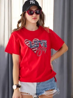 Clearance Bawełniany damski t-shirt LOVE z cyrkoniami Bluzki / Koszule / Koszulki