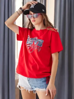 Clearance Bawełniany damski t-shirt LOVE z cyrkoniami Bluzki / Koszule / Koszulki