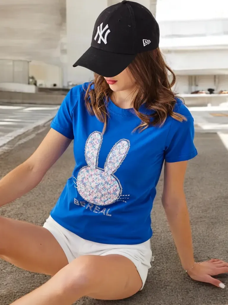 Hot Bawełniany damski t-shirt Bunny Say Be Real Bluzki / Koszule / Koszulki