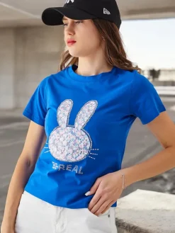 Hot Bawełniany damski t-shirt Bunny Say Be Real Bluzki / Koszule / Koszulki