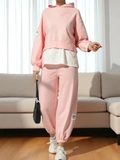 Sale Bawełniany damski komplet z koszulową wstawką Damskie Komplety Damskie