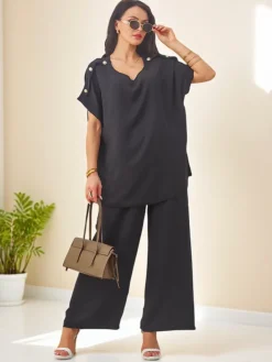 Sale Bawełniany damski komplet z krótkim rękawem i poszerzanymi spodniami Damskie Komplety Damskie