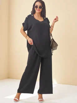 Sale Bawełniany damski komplet z krótkim rękawem i poszerzanymi spodniami Damskie Komplety Damskie